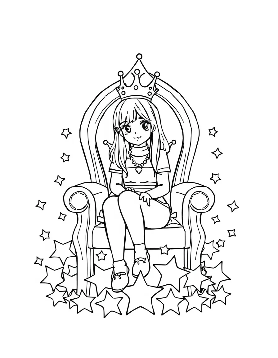 Billie Eilish sitting on a throne made of stars with a crown – a fun and kid-friendly coloring page.