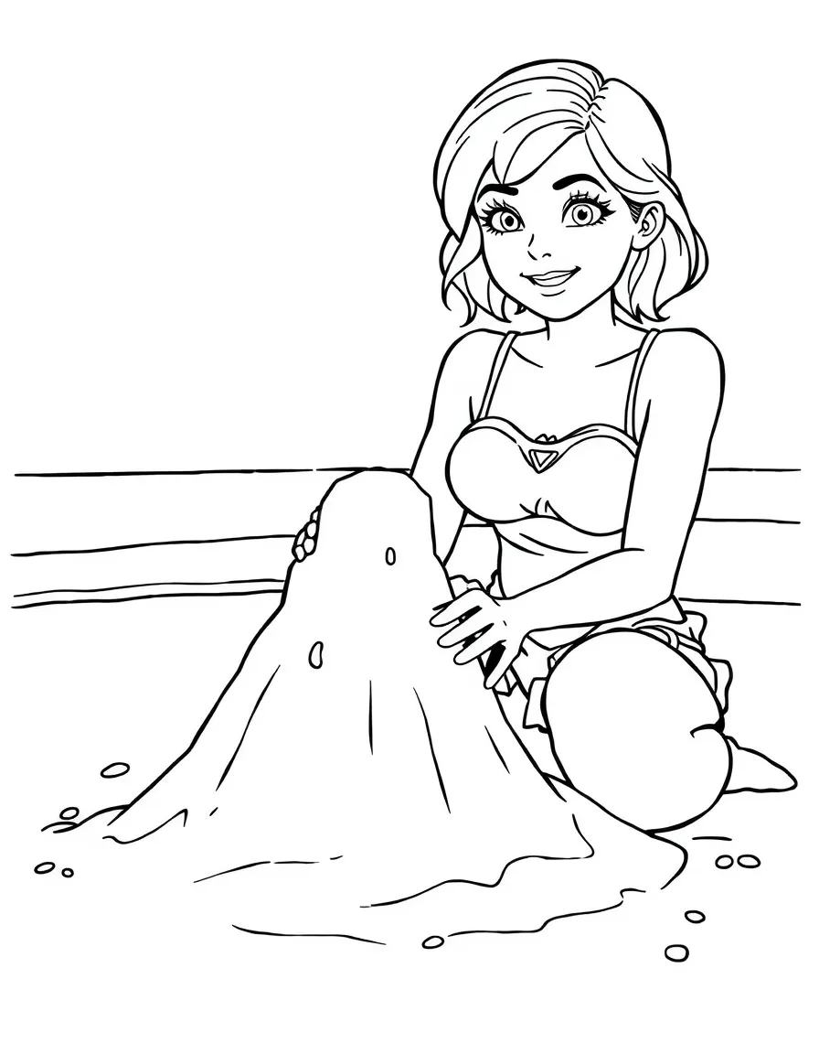Emma Stone building a sandcastle at the beach – a fun and kid-friendly coloring page.