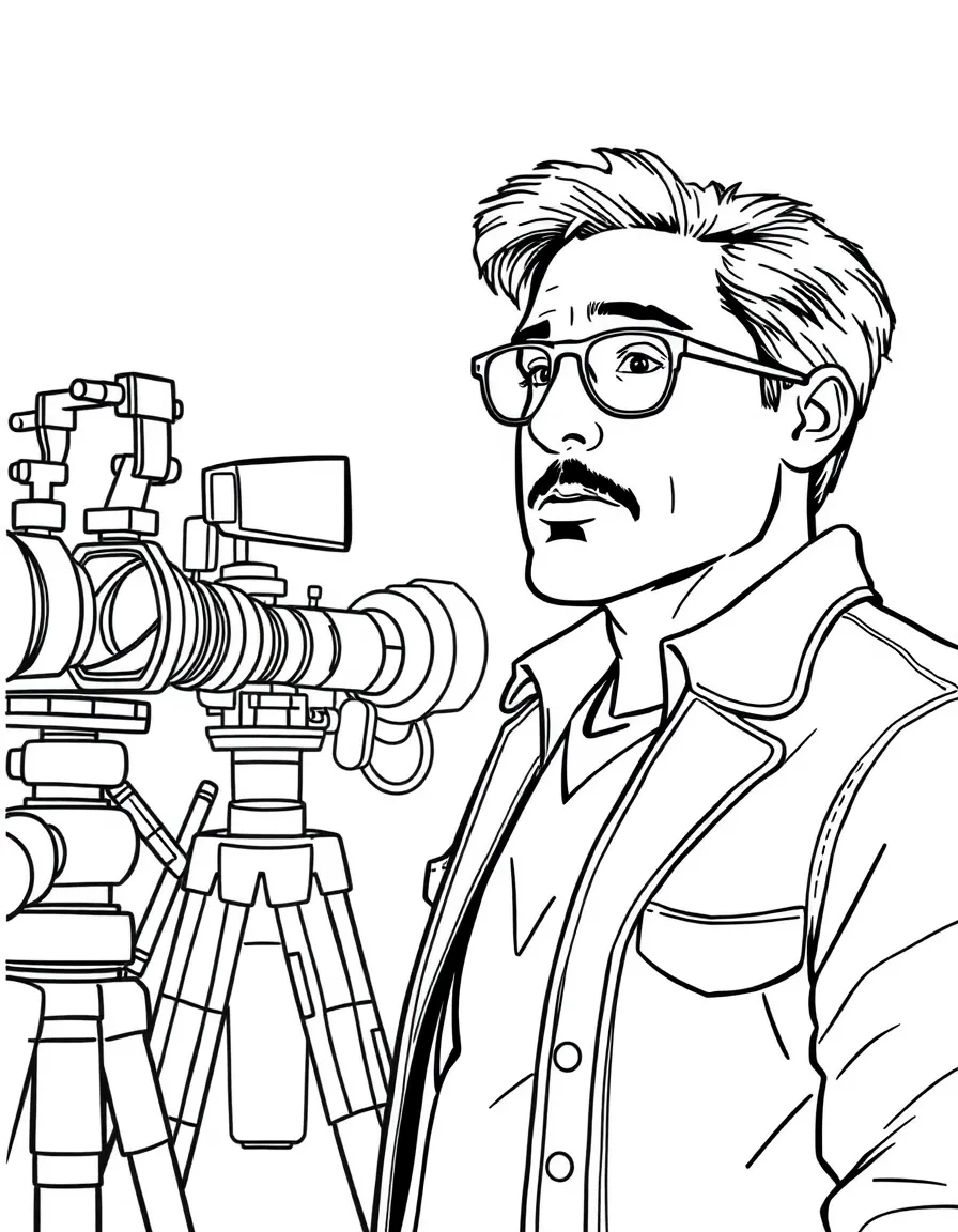 Robert Downey Jr. acting in a scene on a movie set with cameras – a fun and kid-friendly coloring page.