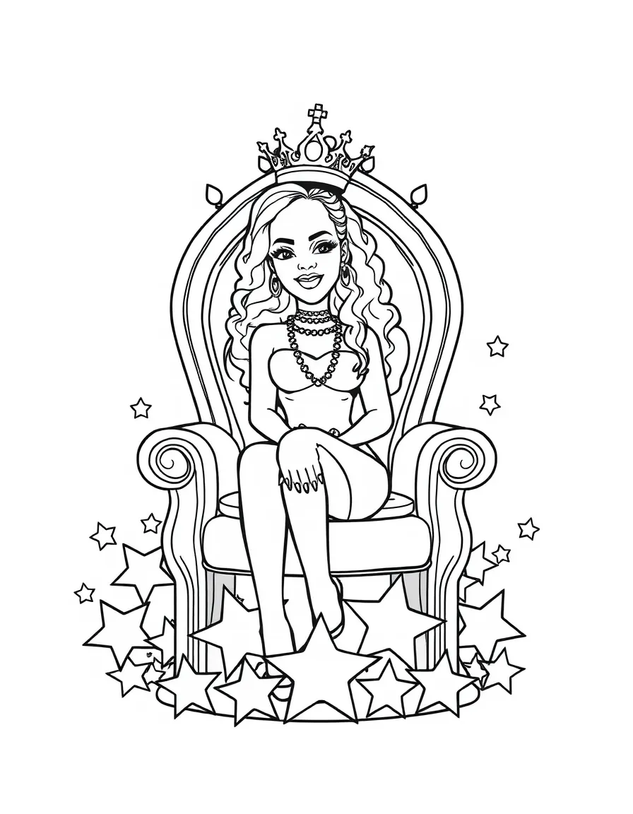 Rihanna sitting on a throne made of stars with a crown – a fun and kid-friendly coloring page.