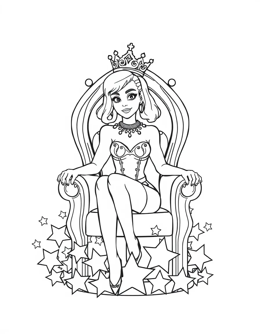Katy Perry sitting on a throne made of stars with a crown – a fun and kid-friendly coloring page.