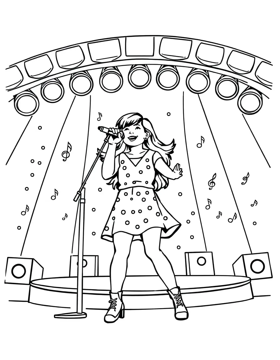 Camila Cabello singing on a big concert stage with musical notes and lights – a fun and kid-friendly coloring page.
