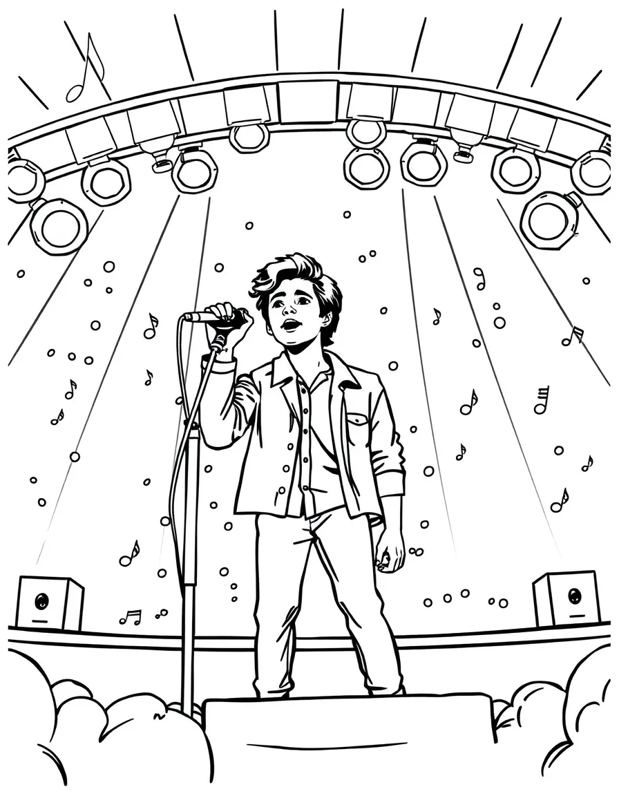 Timothée Chalamet singing on a big concert stage with musical notes and lights – a fun and kid-friendly coloring page.