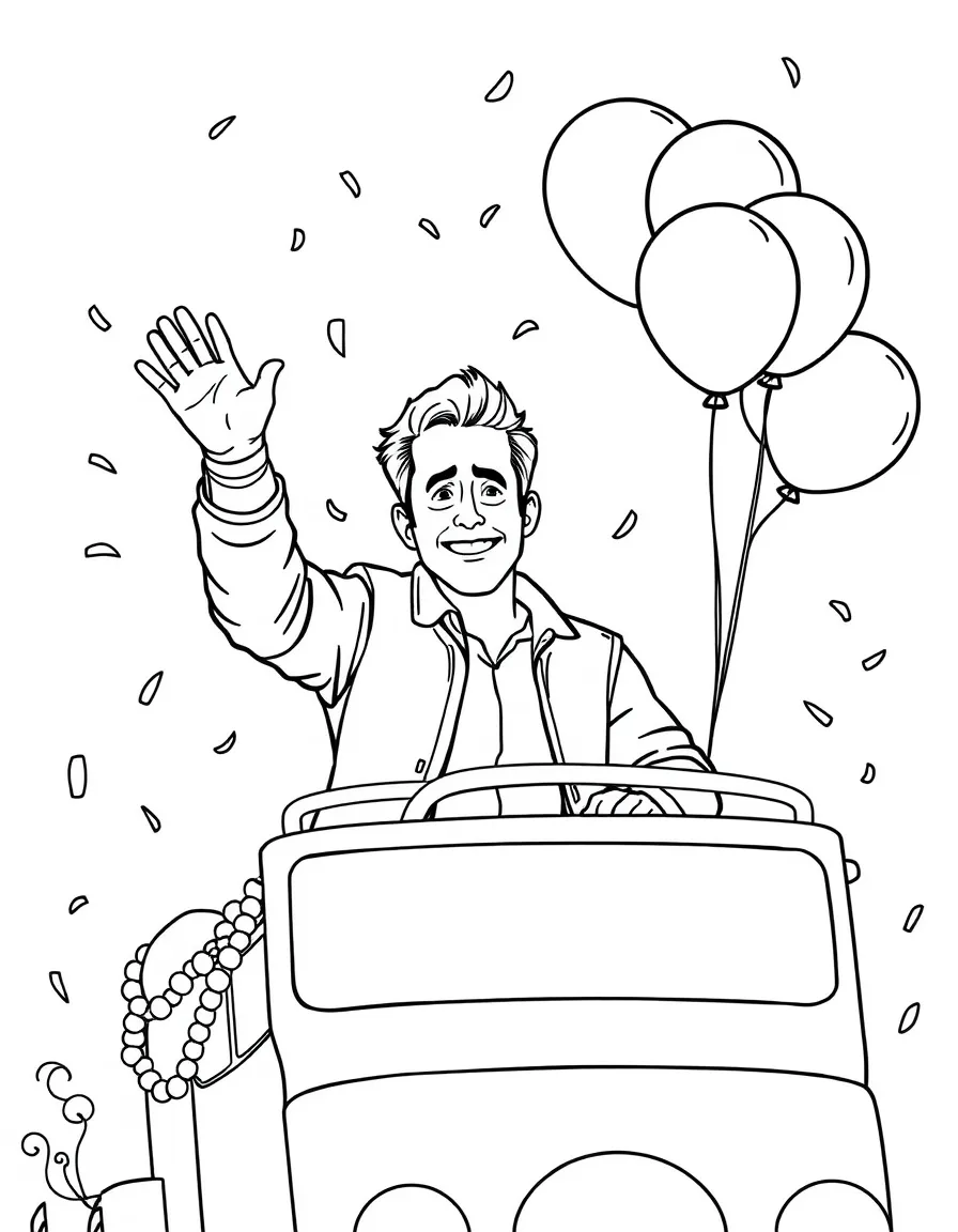 Ryan Reynolds waving from a parade float with balloons and confetti – a fun and kid-friendly coloring page.