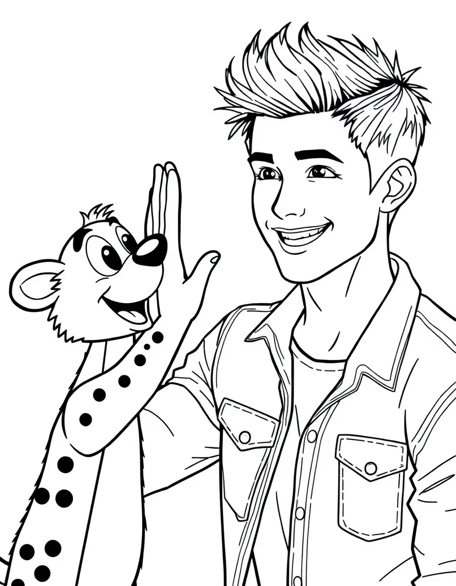 Taylor Lautner giving a high five to a cartoon animal friend – a fun and kid-friendly coloring page.