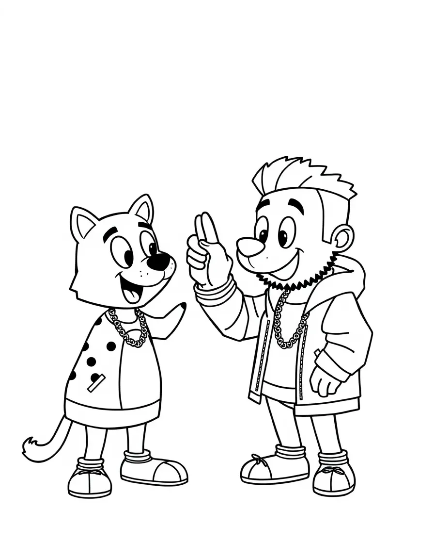 Post Malone giving a high five to a cartoon animal friend – a fun and kid-friendly coloring page.