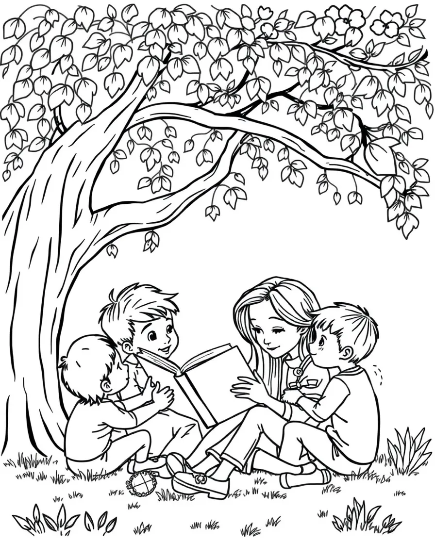 Angelina Jolie reading a storybook to children under a tree – a fun and kid-friendly coloring page.