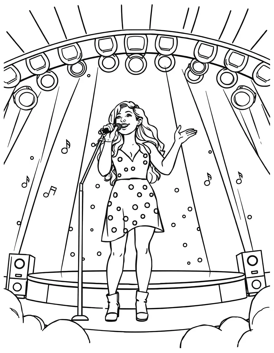Blake Lively singing on a big concert stage with musical notes and lights – a fun and kid-friendly coloring page.