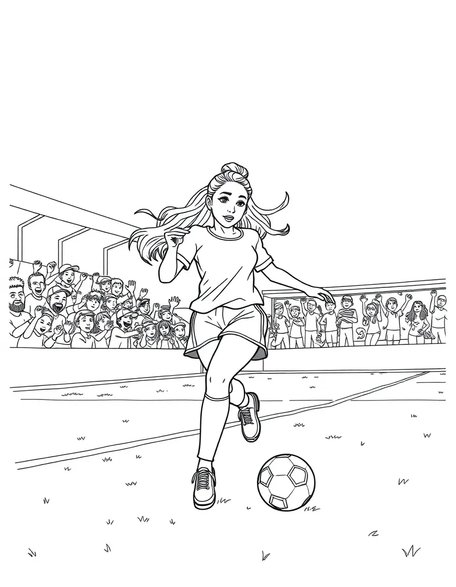 Ariana Grande playing soccer on a field with cheering fans in the stands – a fun and kid-friendly coloring page.