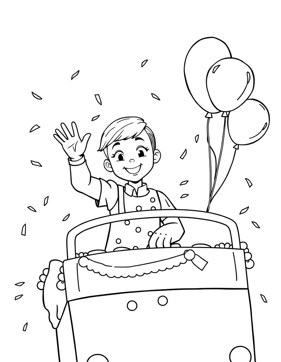 Millie Bobby Brown waving from a parade float with balloons and confetti – a fun and kid-friendly coloring page.