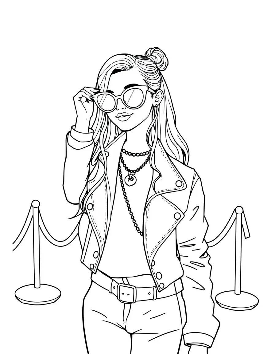 Camila Cabello posing with sunglasses and a cool outfit on the red carpet – a fun and kid-friendly coloring page.