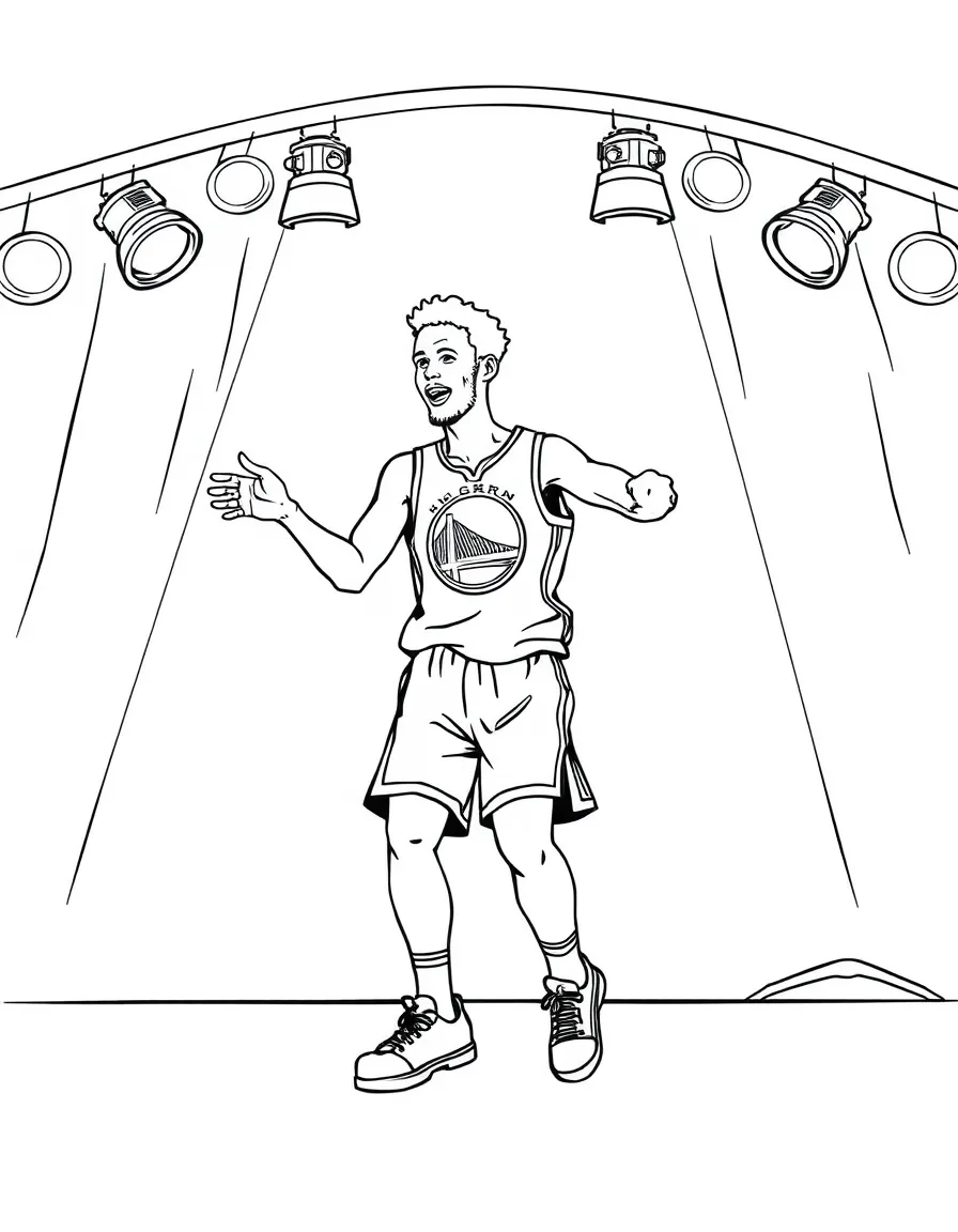 Stephen Curry dancing on a stage with spotlights and fun outfits – a fun and kid-friendly coloring page.