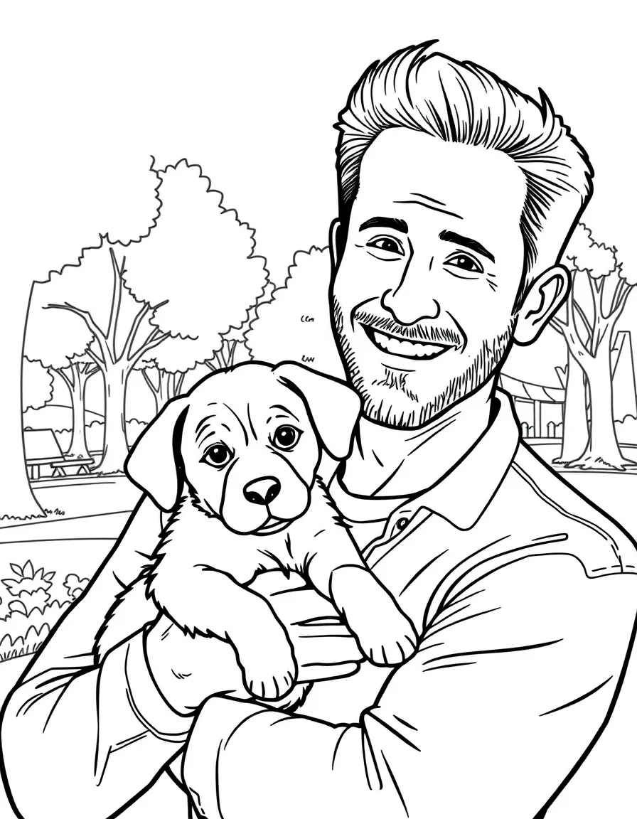 Ryan Reynolds smiling and holding a puppy with a park background – a fun and kid-friendly coloring page.