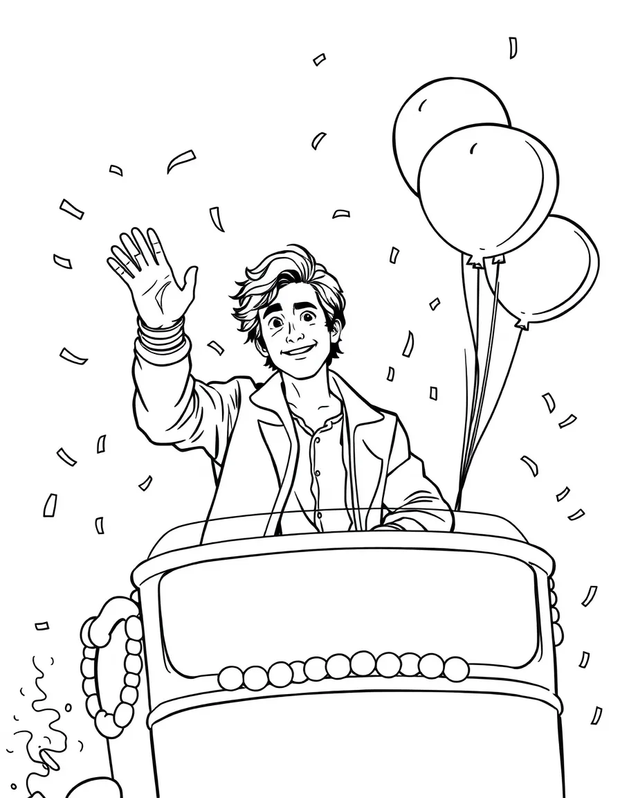 Timothée Chalamet waving from a parade float with balloons and confetti – a fun and kid-friendly coloring page.