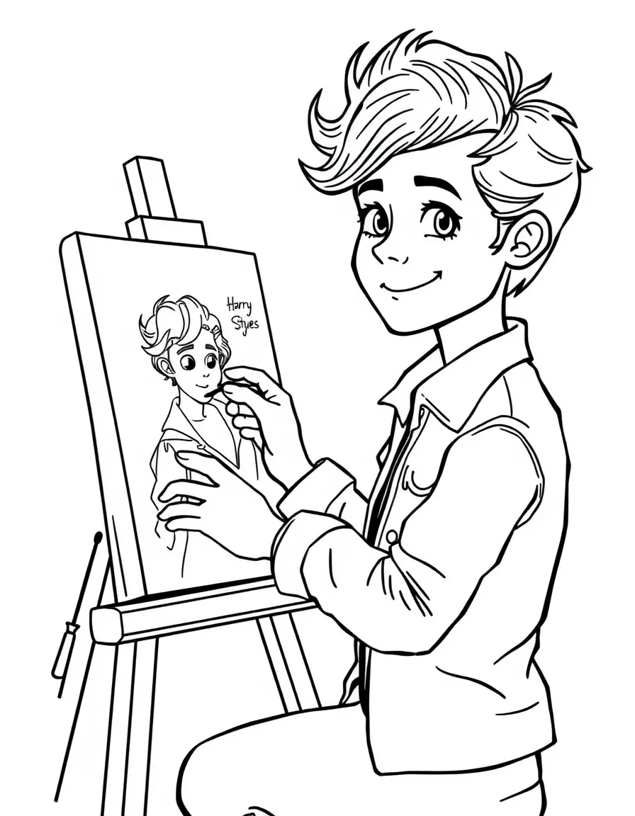 Harry Styles painting a picture at an art studio – a fun and kid-friendly coloring page.