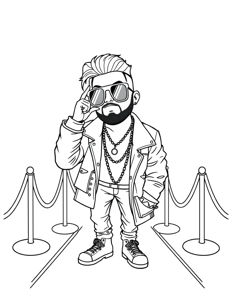 Post Malone posing with sunglasses and a cool outfit on the red carpet – a fun and kid-friendly coloring page.