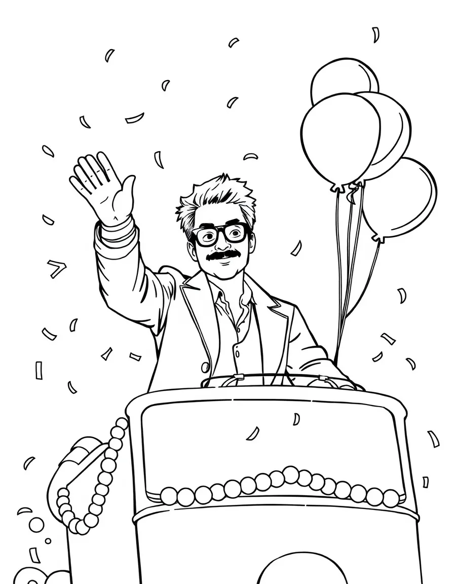 Robert Downey Jr. waving from a parade float with balloons and confetti – a fun and kid-friendly coloring page.