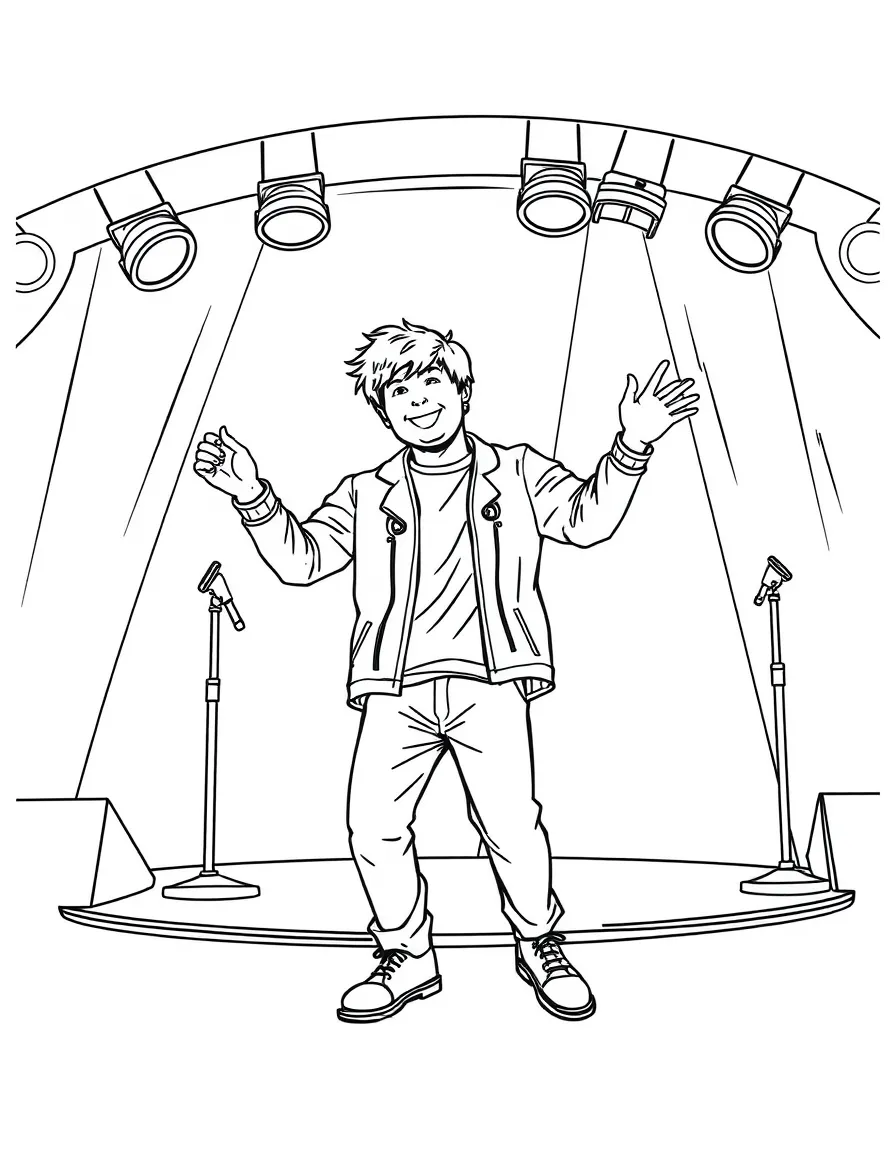 Ed Sheeran dancing on a stage with spotlights and fun outfits – a fun and kid-friendly coloring page.