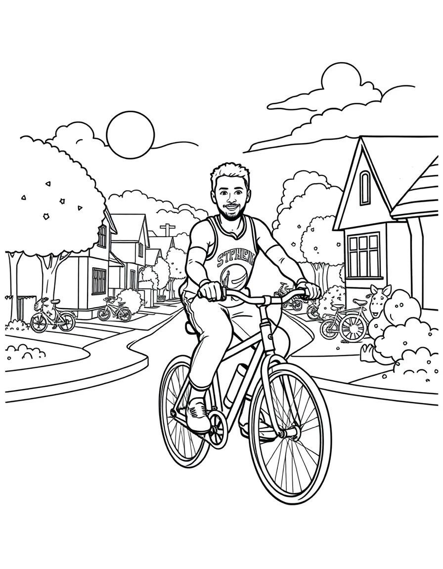 Stephen Curry riding a bicycle through a sunny neighborhood – a fun and kid-friendly coloring page.