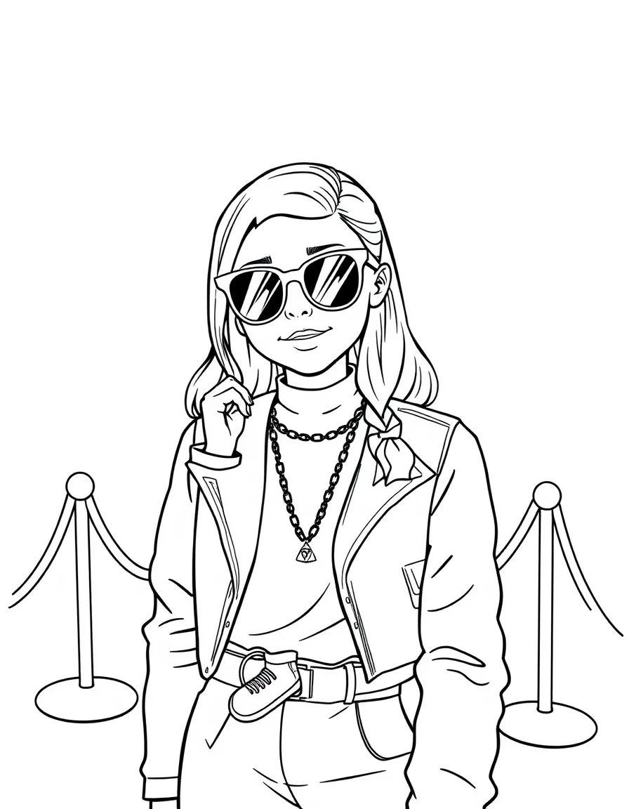 Greta Thunberg posing with sunglasses and a cool outfit on the red carpet – a fun and kid-friendly coloring page.
