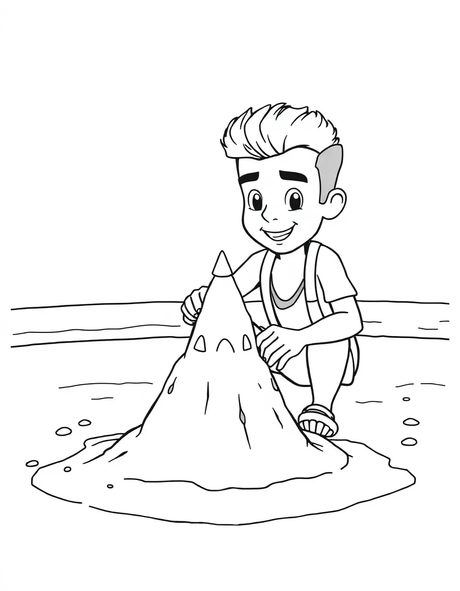 Zayn Malik building a sandcastle at the beach – a fun and kid-friendly coloring page.