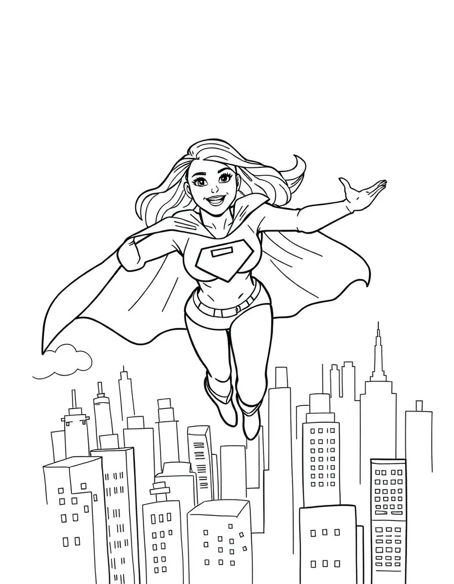 Blake Lively wearing a superhero cape and flying over a cityscape – a fun and kid-friendly coloring page.