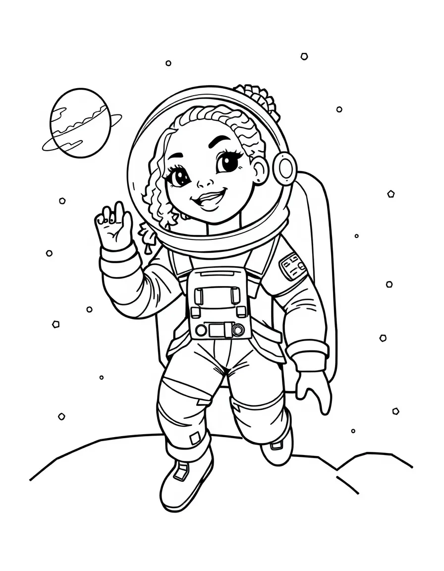 Rihanna exploring space in an astronaut suit – a fun and kid-friendly coloring page.