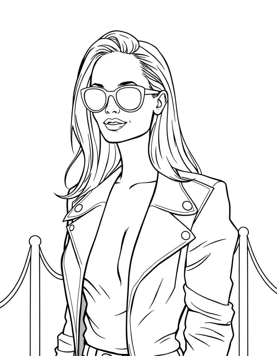 Angelina Jolie posing with sunglasses and a cool outfit on the red carpet – a fun and kid-friendly coloring page.