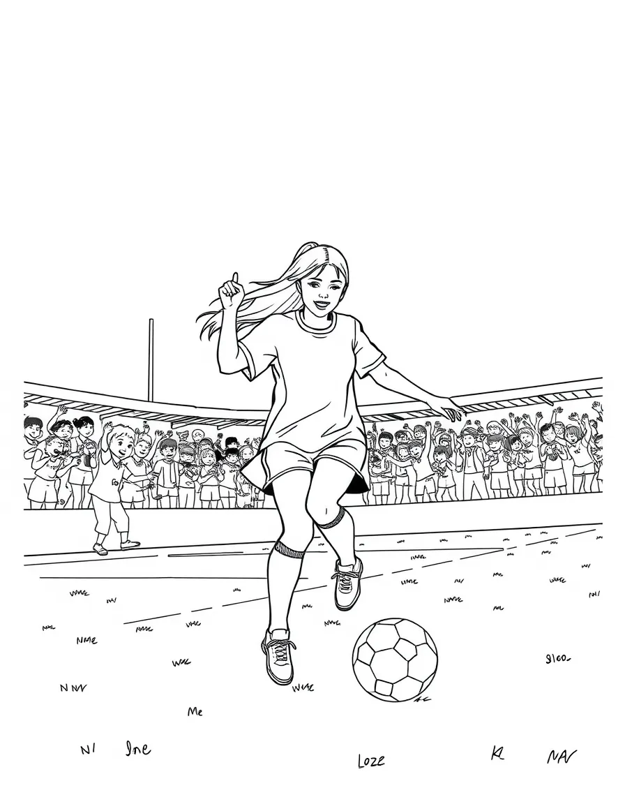 Billie Eilish playing soccer on a field with cheering fans in the stands – a fun and kid-friendly coloring page.