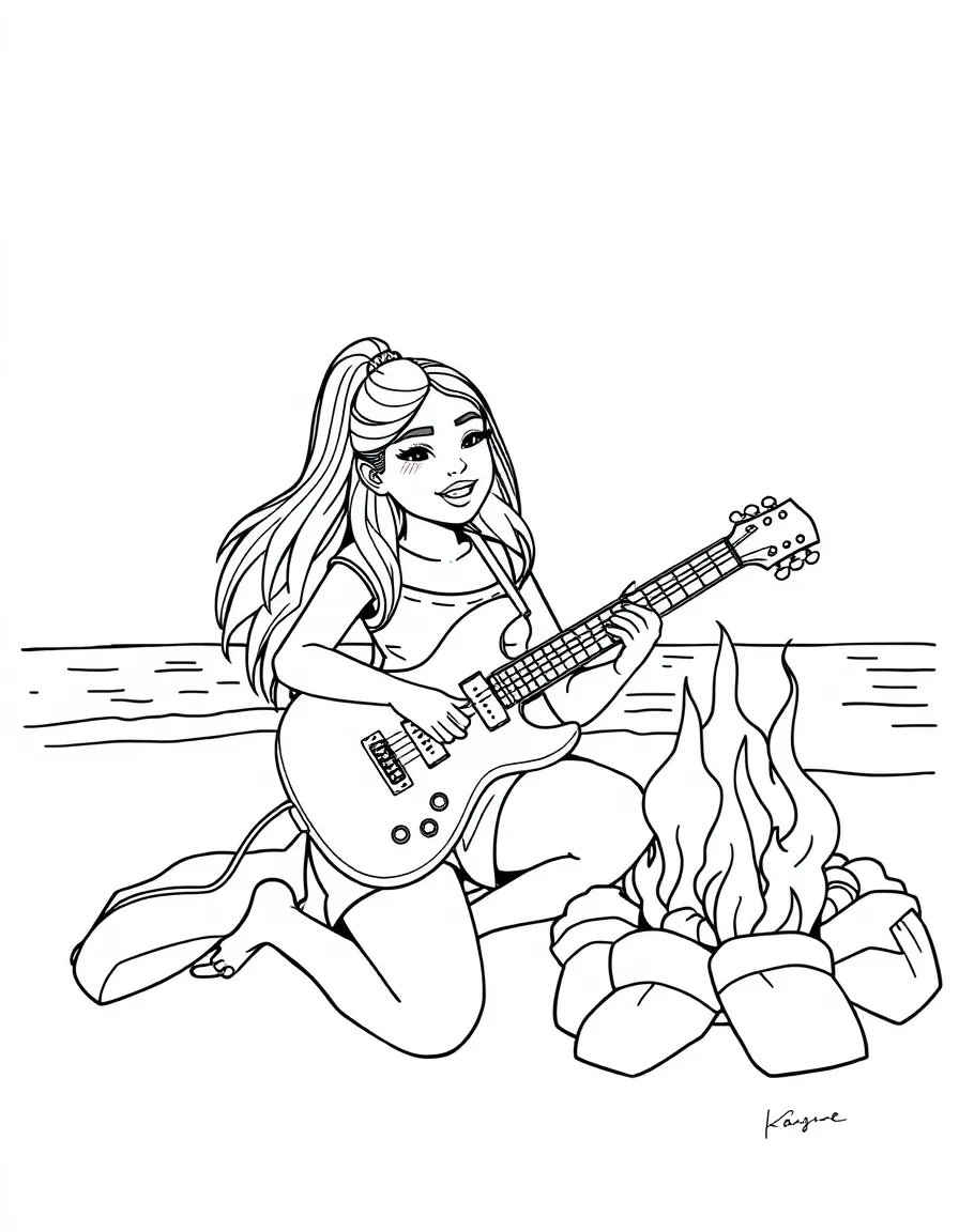 Ariana Grande playing guitar at a beach bonfire – a fun and kid-friendly coloring page.