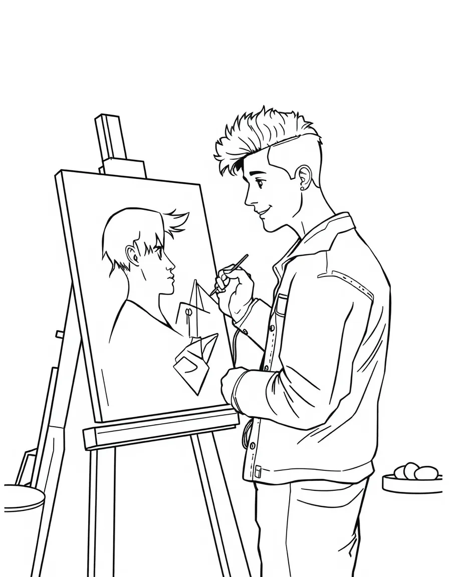 Shawn Mendes painting a picture at an art studio – a fun and kid-friendly coloring page.