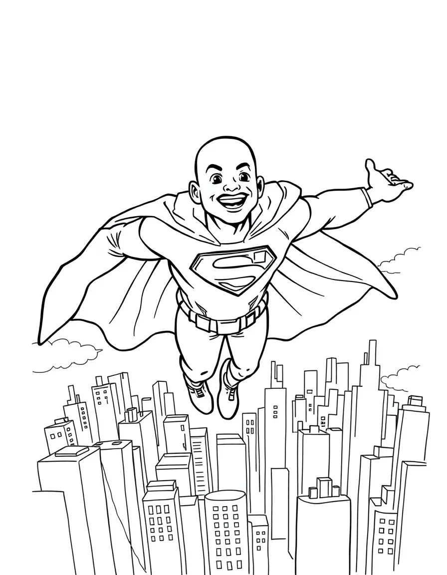 Will Smith wearing a superhero cape and flying over a cityscape – a fun and kid-friendly coloring page.