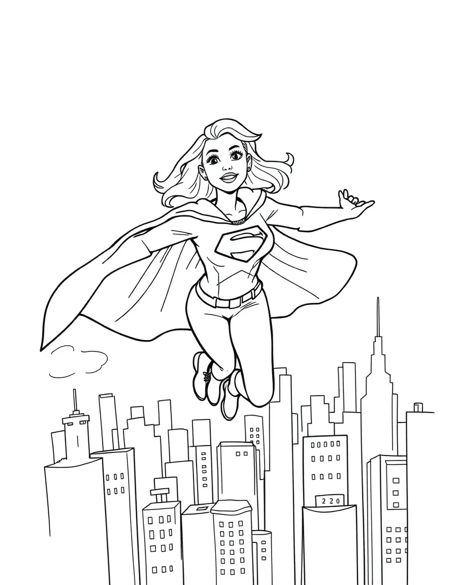 Anne Hathaway wearing a superhero cape and flying over a cityscape – a fun and kid-friendly coloring page.