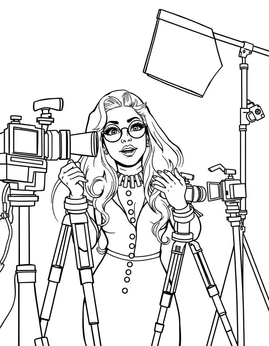 Lady Gaga acting in a scene on a movie set with cameras – a fun and kid-friendly coloring page.