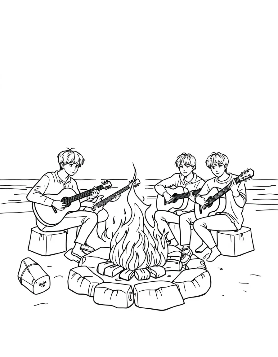 BTS Members playing guitar at a beach bonfire – a fun and kid-friendly coloring page.