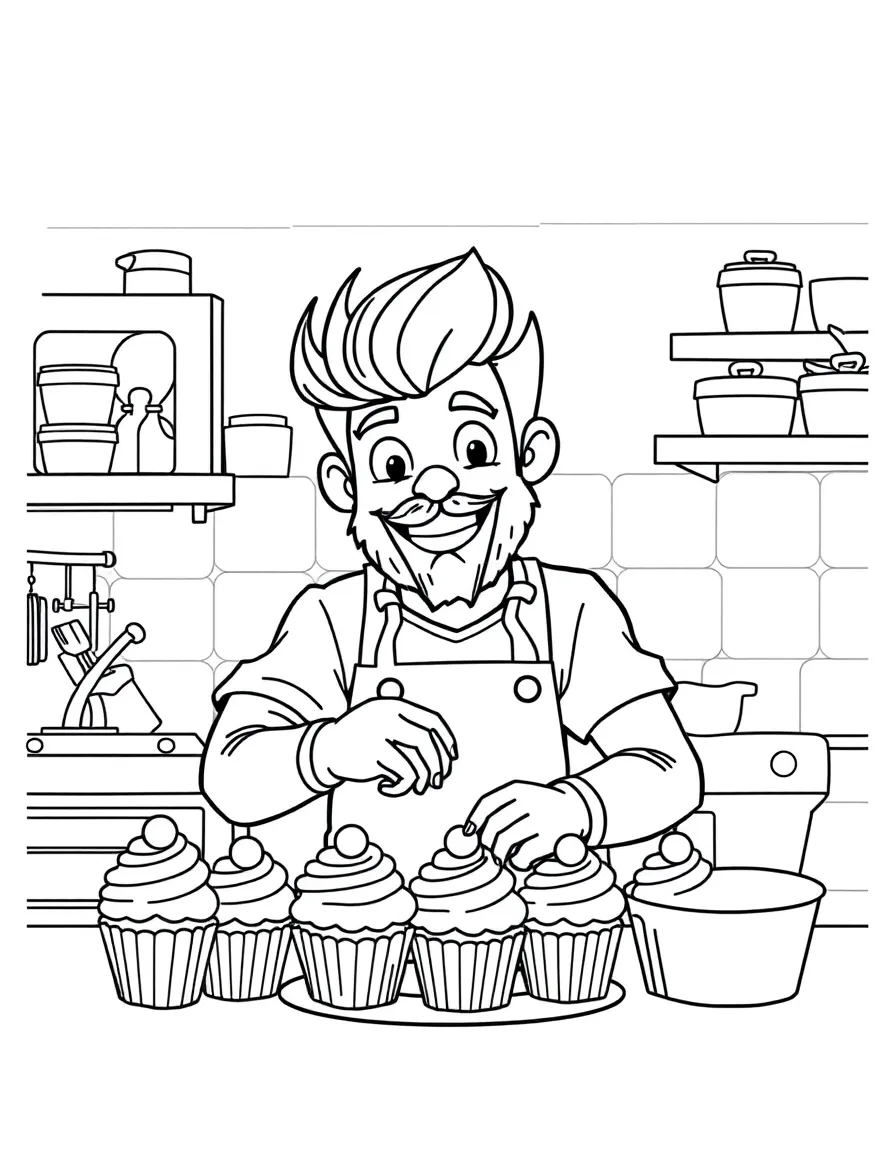 PewDiePie baking cupcakes in a colorful kitchen – a fun and kid-friendly coloring page.
