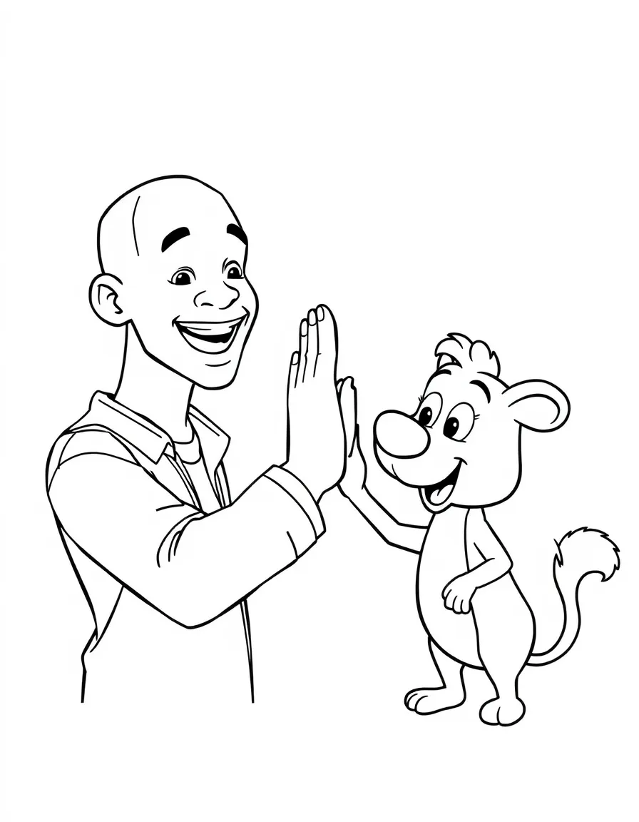 Will Smith giving a high five to a cartoon animal friend – a fun and kid-friendly coloring page.