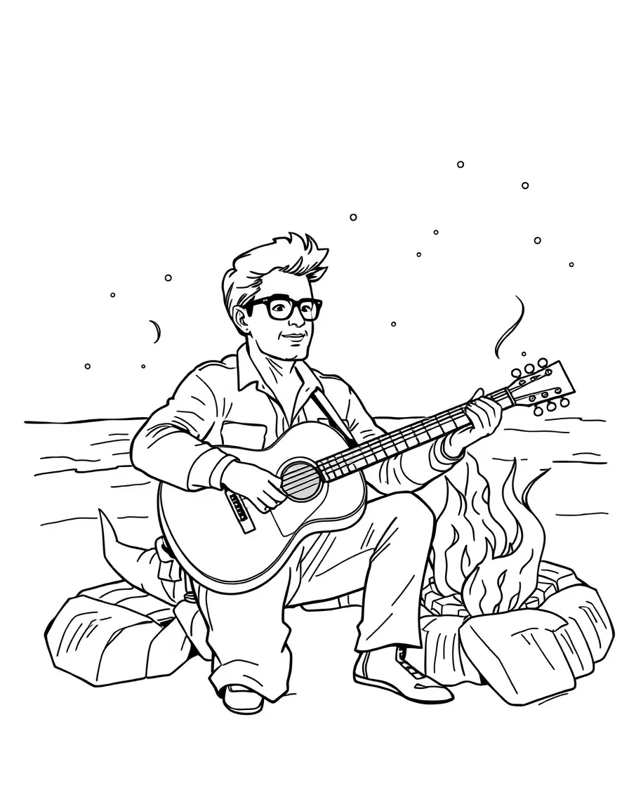 Robert Downey Jr. playing guitar at a beach bonfire – a fun and kid-friendly coloring page.