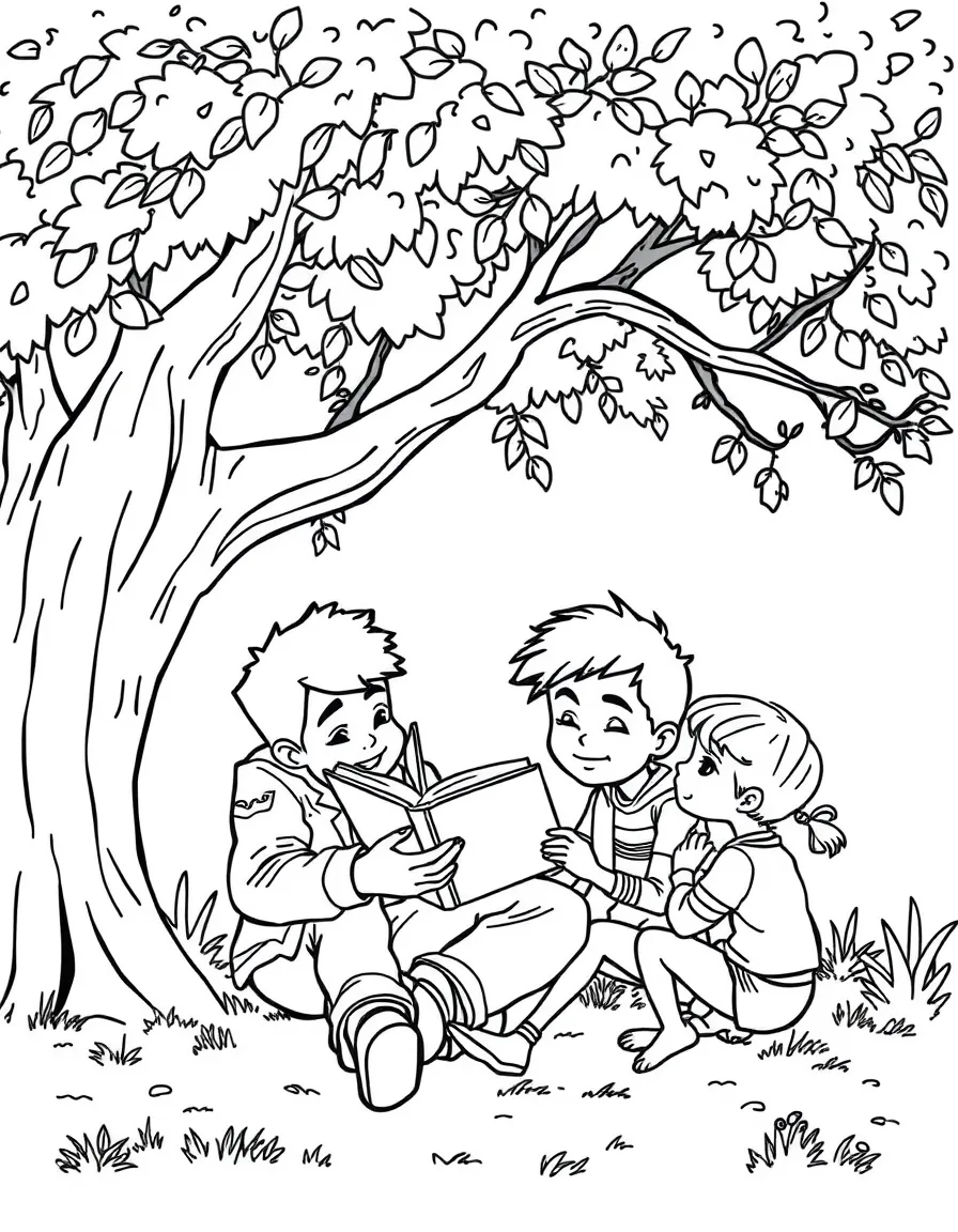 Bruno Mars reading a storybook to children under a tree – a fun and kid-friendly coloring page.