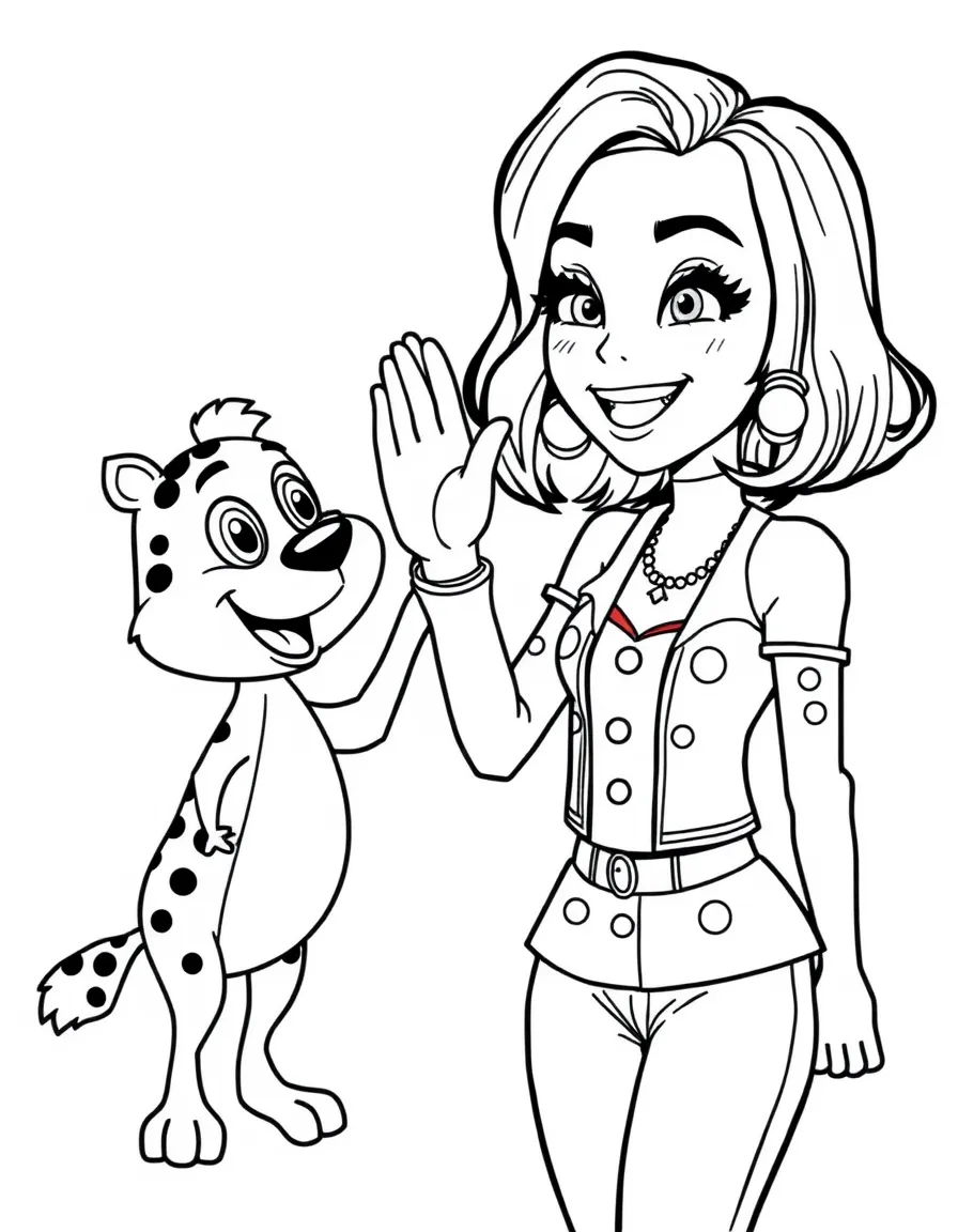 Katy Perry giving a high five to a cartoon animal friend – a fun and kid-friendly coloring page.
