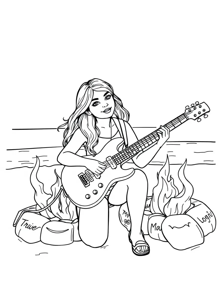 Selena Gomez playing guitar at a beach bonfire – a fun and kid-friendly coloring page.