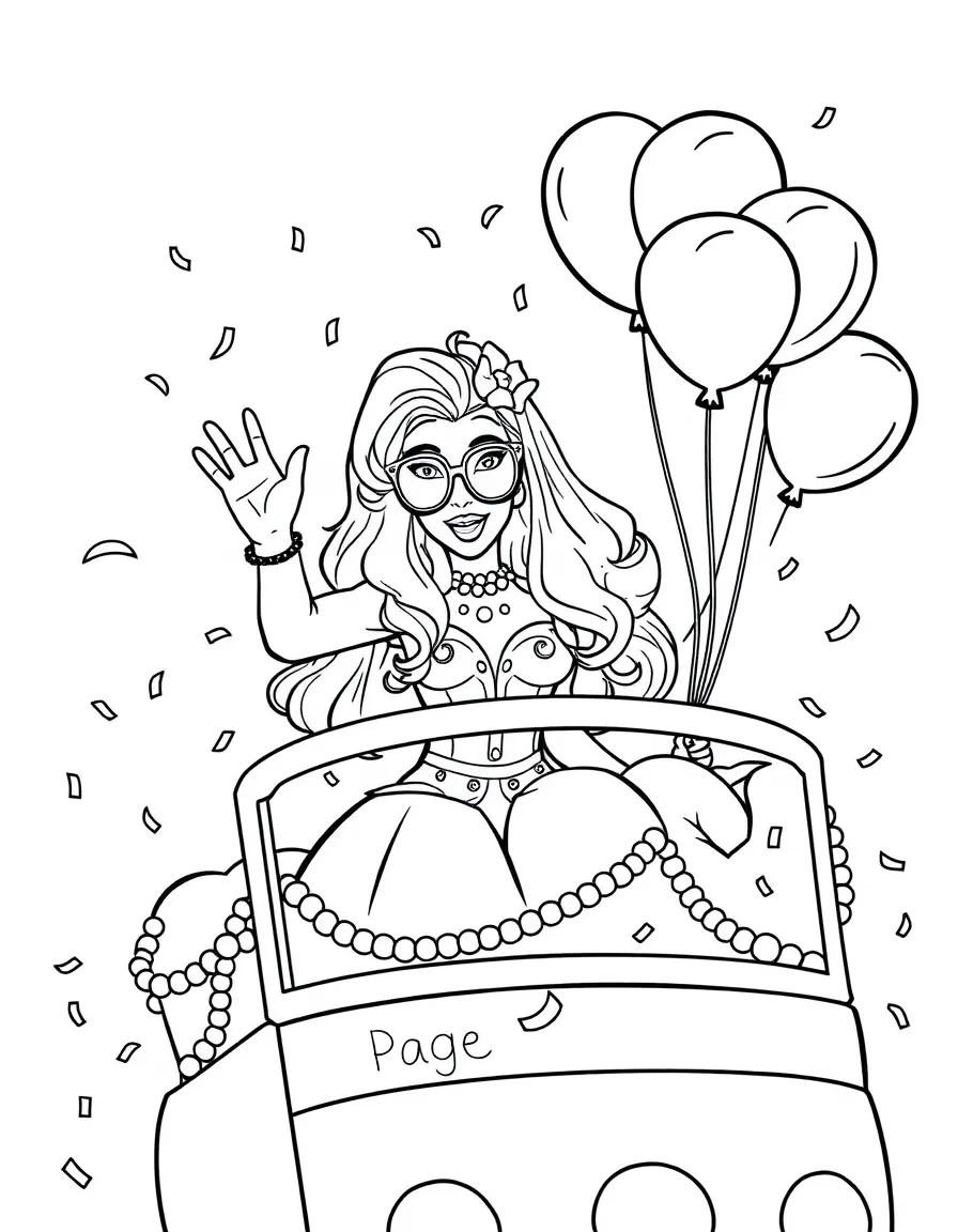 Lady Gaga waving from a parade float with balloons and confetti – a fun and kid-friendly coloring page.