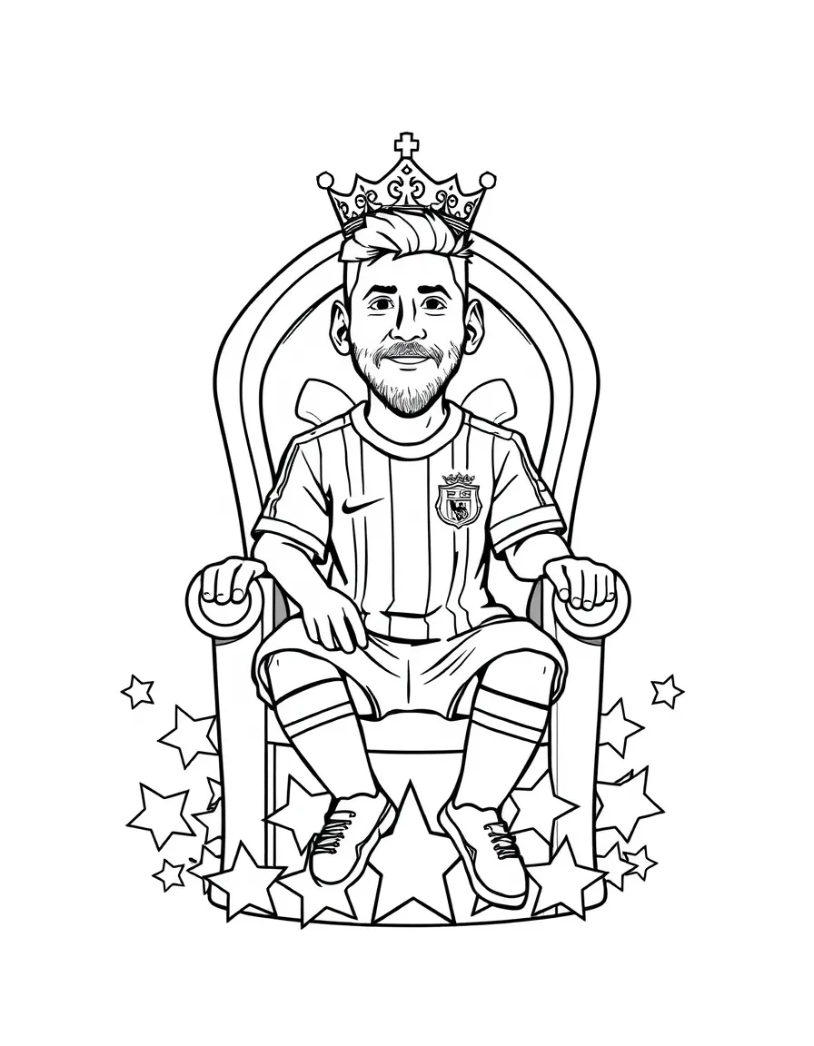 Lionel Messi sitting on a throne made of stars with a crown – a fun and kid-friendly coloring page.