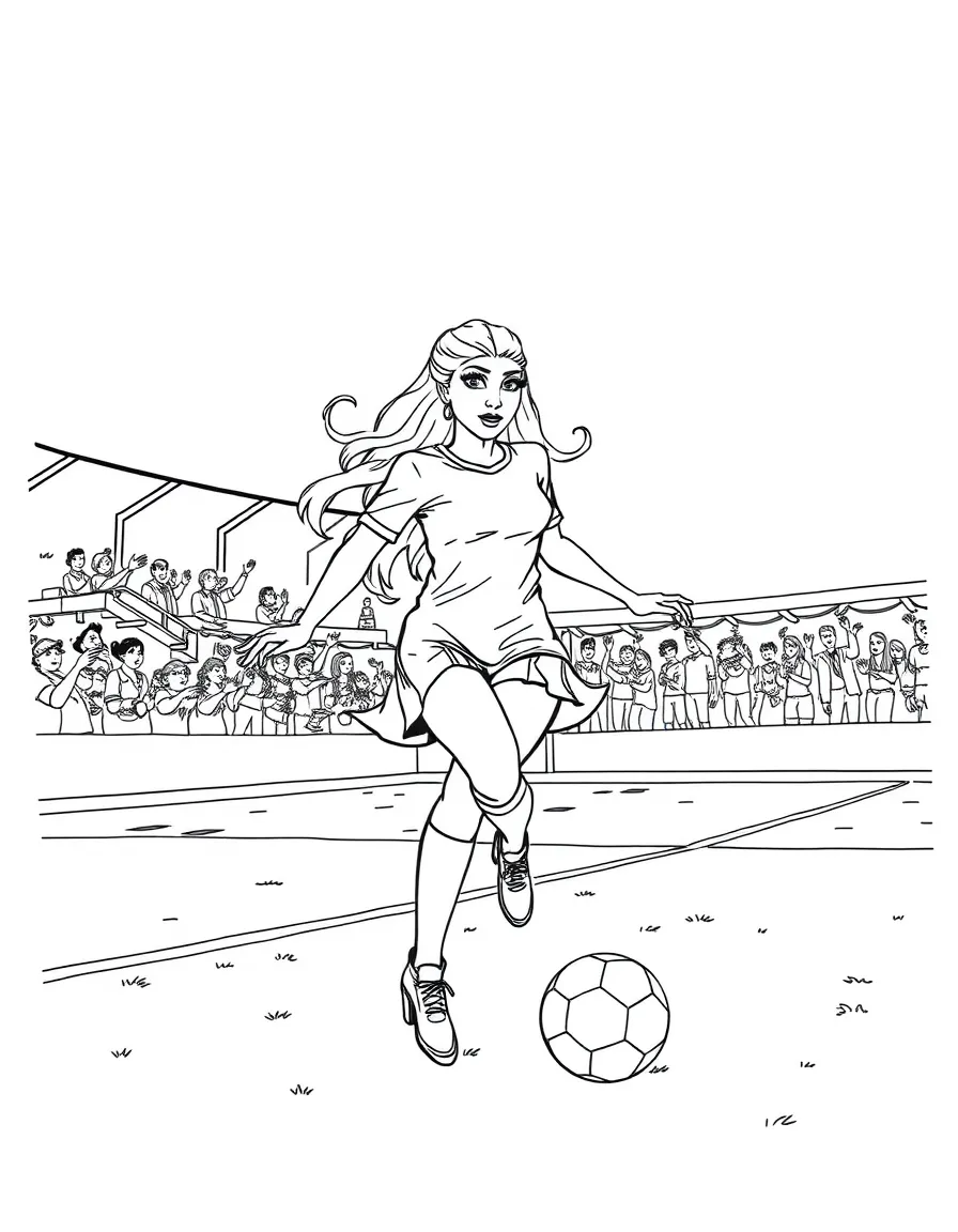 Lady Gaga playing soccer on a field with cheering fans in the stands – a fun and kid-friendly coloring page.