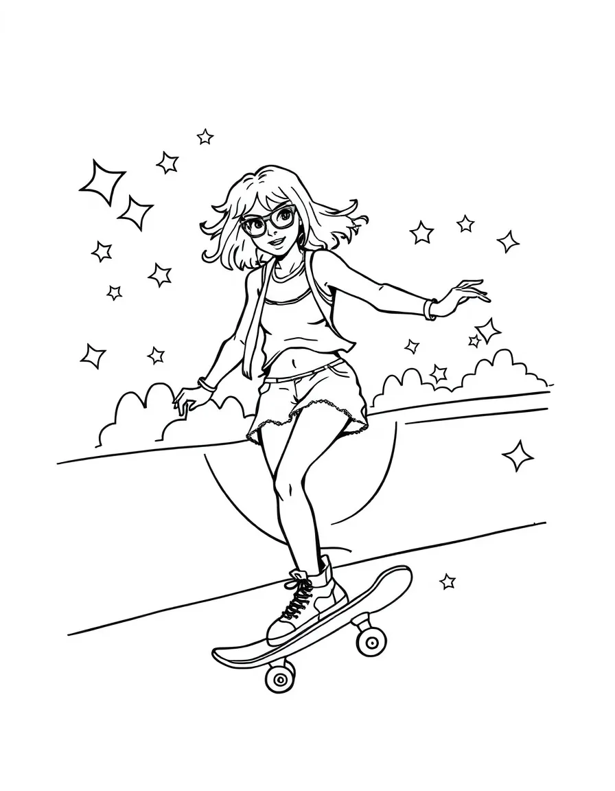 Katy Perry skateboarding at a skate park with stars and swirls around – a fun and kid-friendly coloring page.