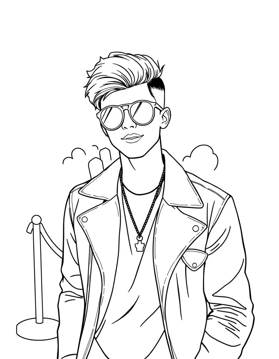 Shawn Mendes posing with sunglasses and a cool outfit on the red carpet – a fun and kid-friendly coloring page.