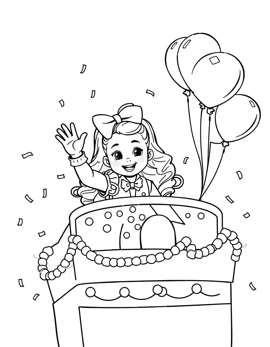 JoJo Siwa waving from a parade float with balloons and confetti – a fun and kid-friendly coloring page.