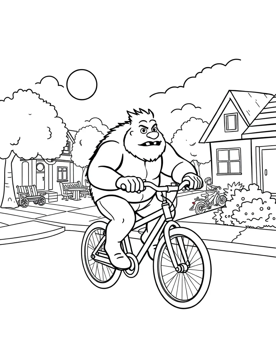 MrBeast riding a bicycle through a sunny neighborhood – a fun and kid-friendly coloring page.