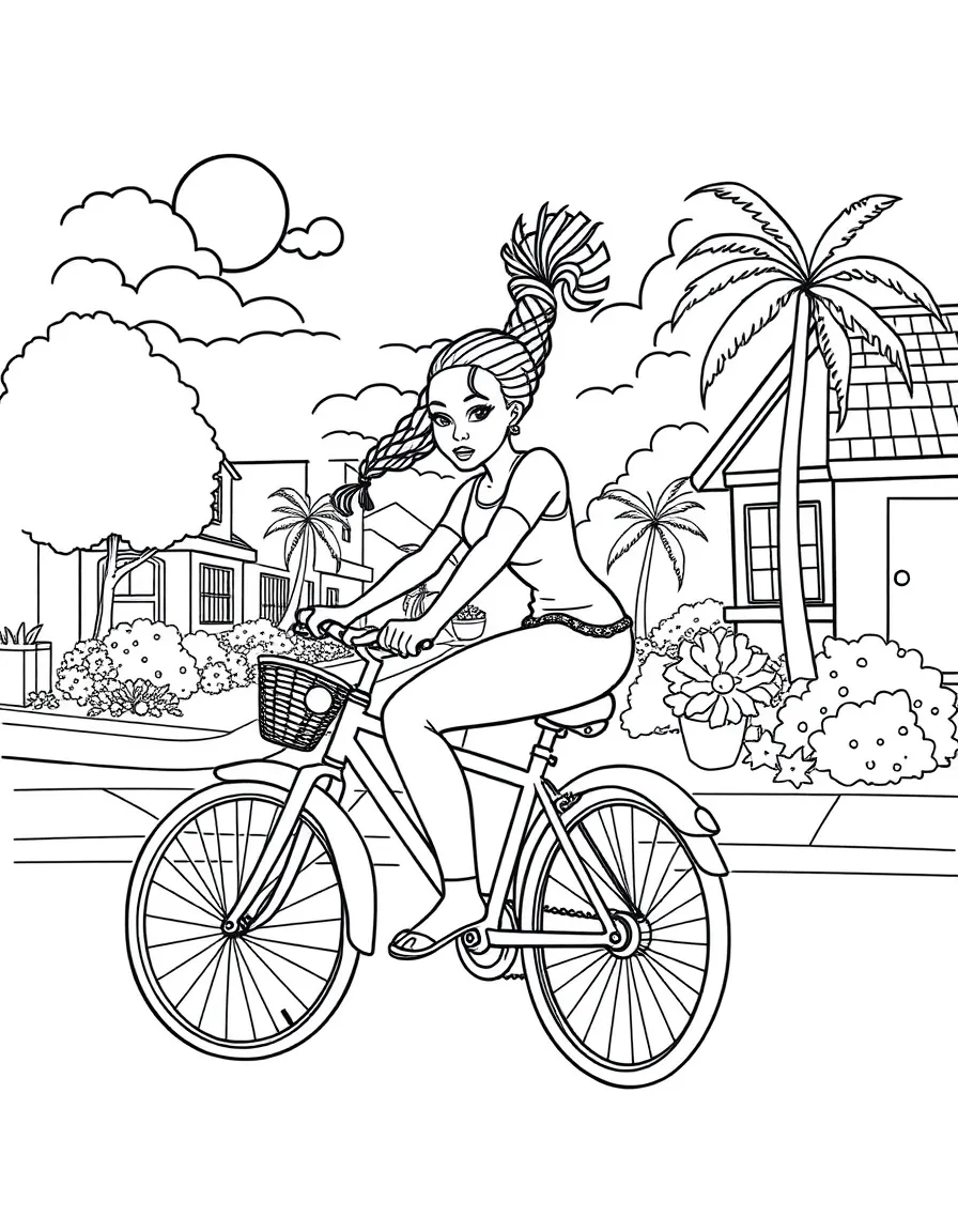 Rihanna riding a bicycle through a sunny neighborhood – a fun and kid-friendly coloring page.