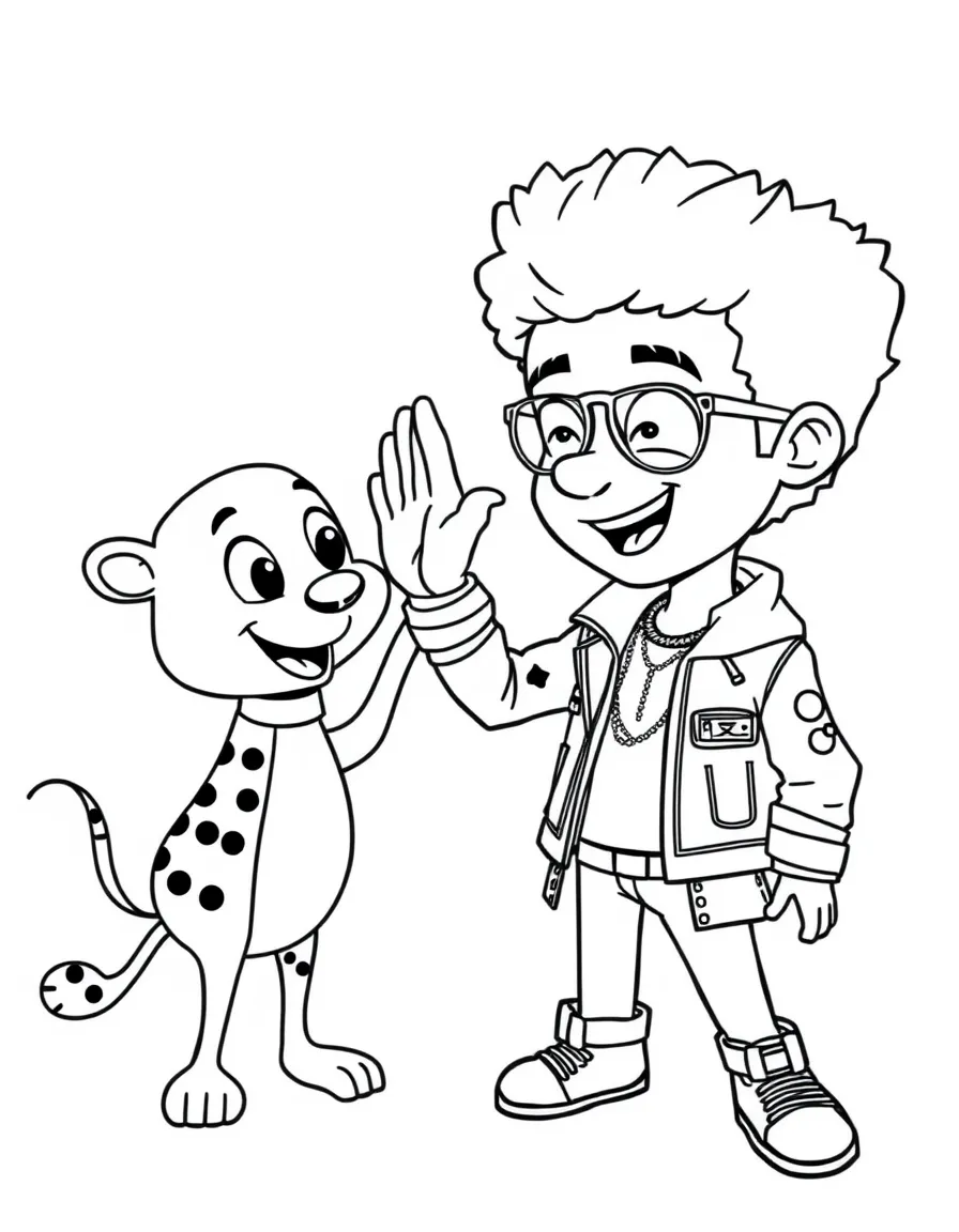 Bruno Mars giving a high five to a cartoon animal friend – a fun and kid-friendly coloring page.